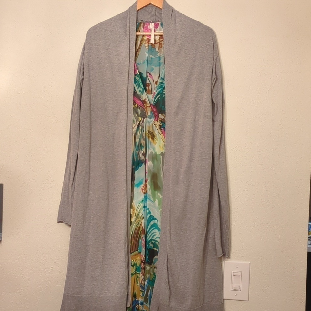 Blanc Noir Long line Minimalist Grey Cardigan Topper back cotton silk panel Sz L